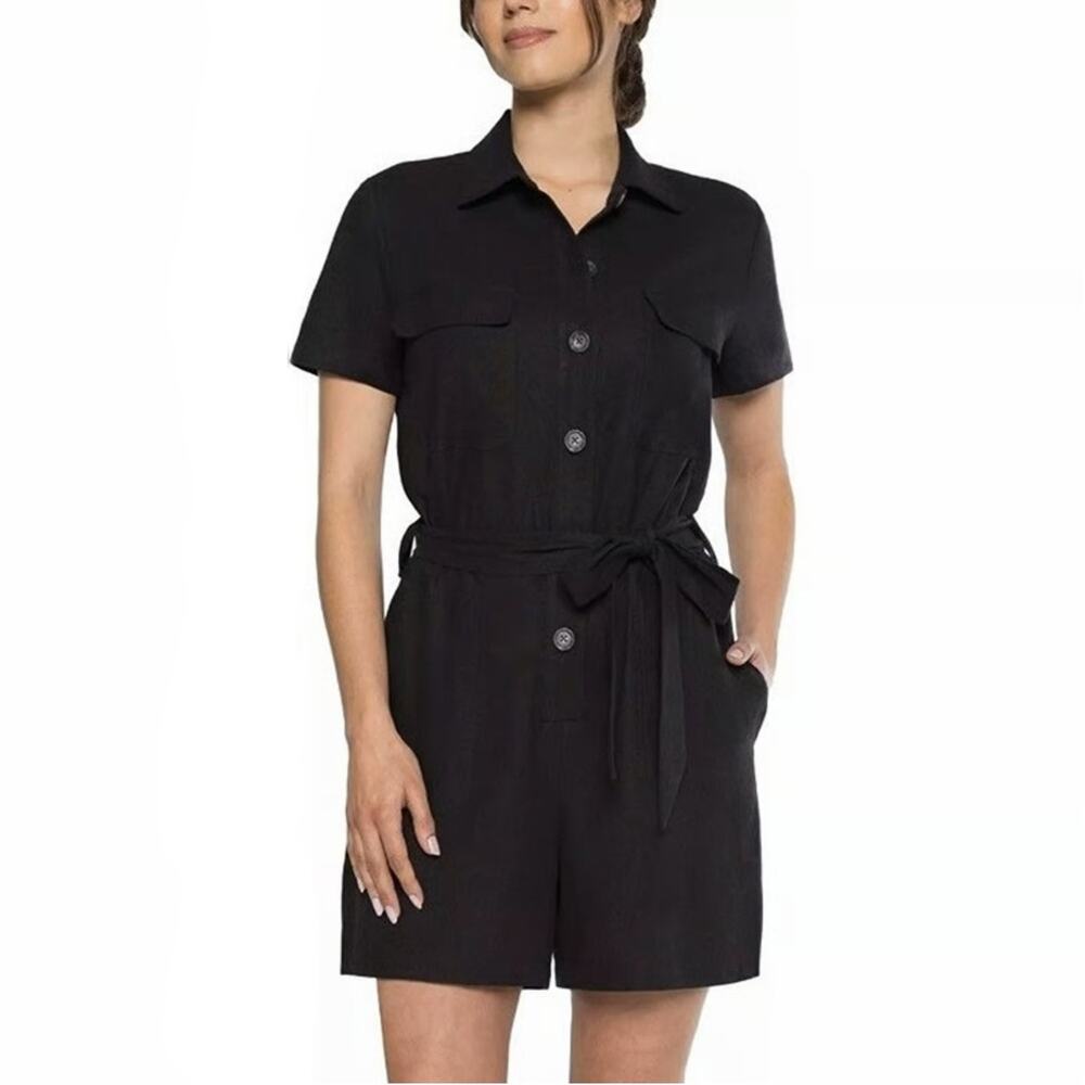 NWT Matty M Women's Linen Blend Belted Button Front Romper